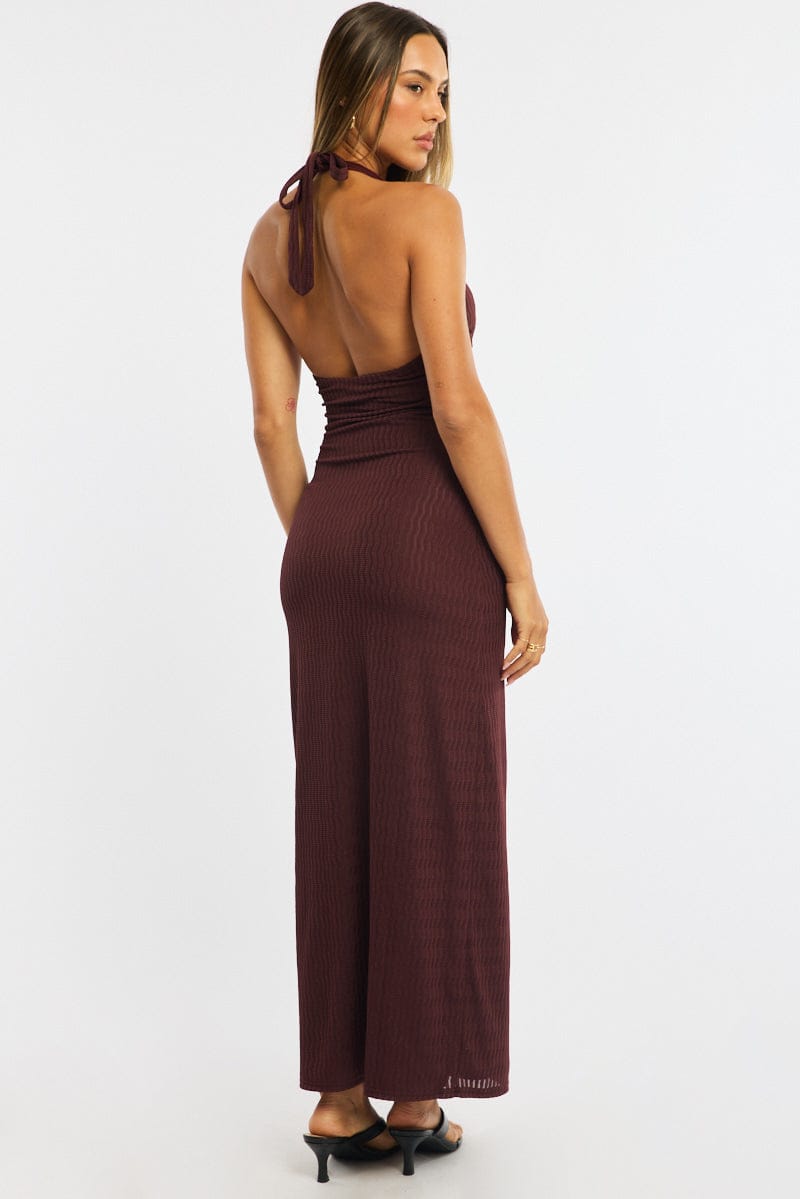 Brown Maxi Dress Beading Trim Textured Fabric for Ally Fashion