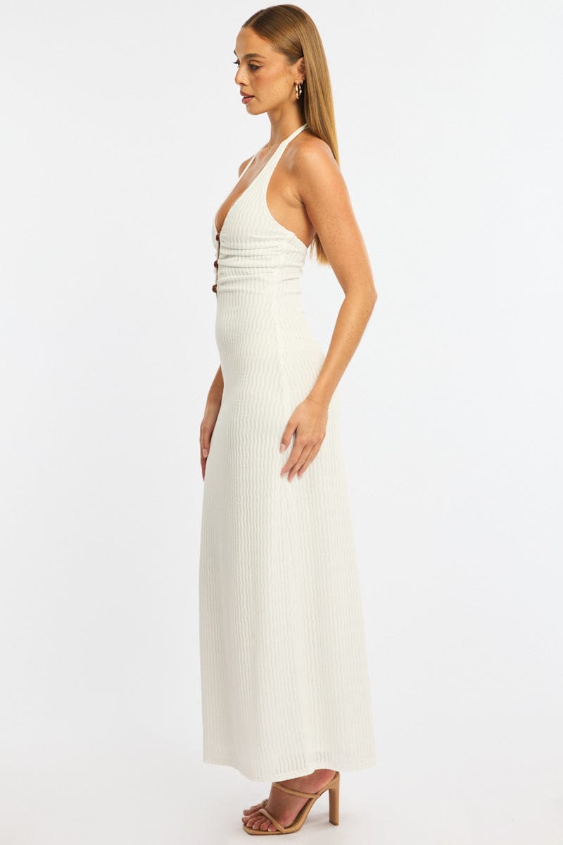 White Maxi Dress Beading Trim Textured Fabric for Ally Fashion
