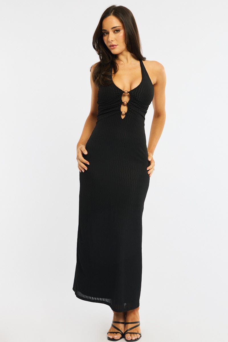 Black Maxi Dress Beading Trim Textured Fabric for Ally Fashion