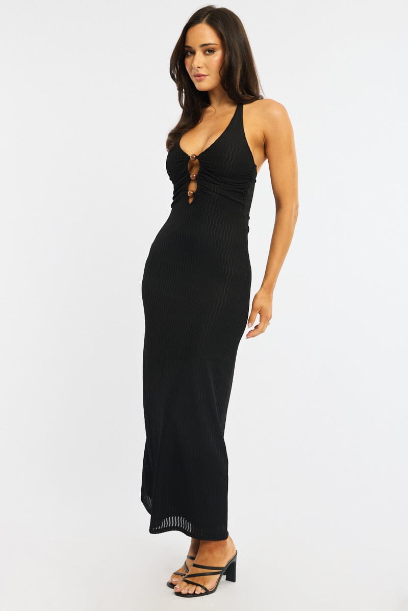 Black Maxi Dress Beading Trim Textured Fabric for Ally Fashion