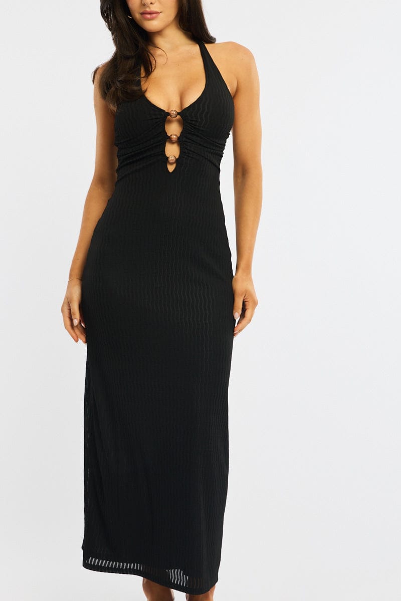 Black Maxi Dress Beading Trim Textured Fabric for Ally Fashion