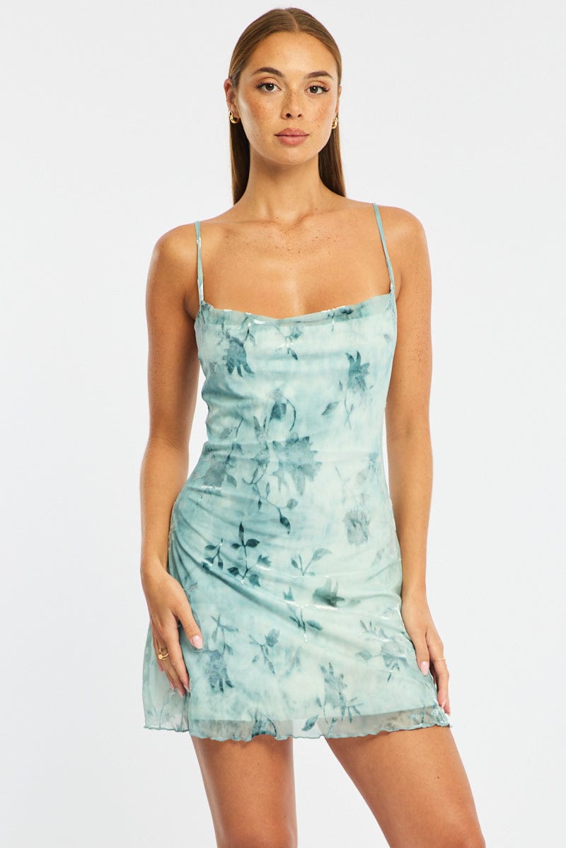 Blue Floral Mini Dress Burnout Fabric for Ally Fashion