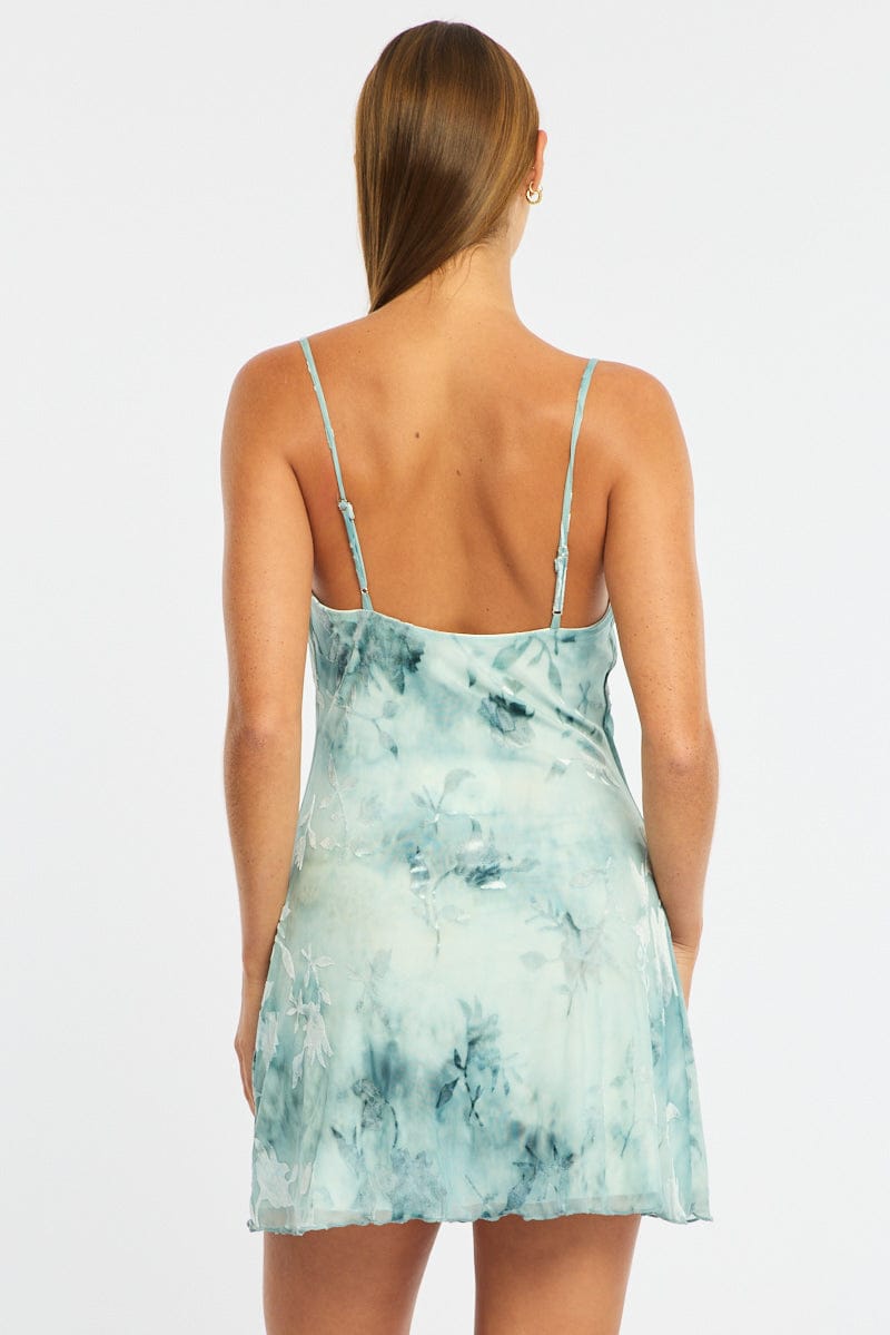 Blue Floral Mini Dress Burnout Fabric for Ally Fashion