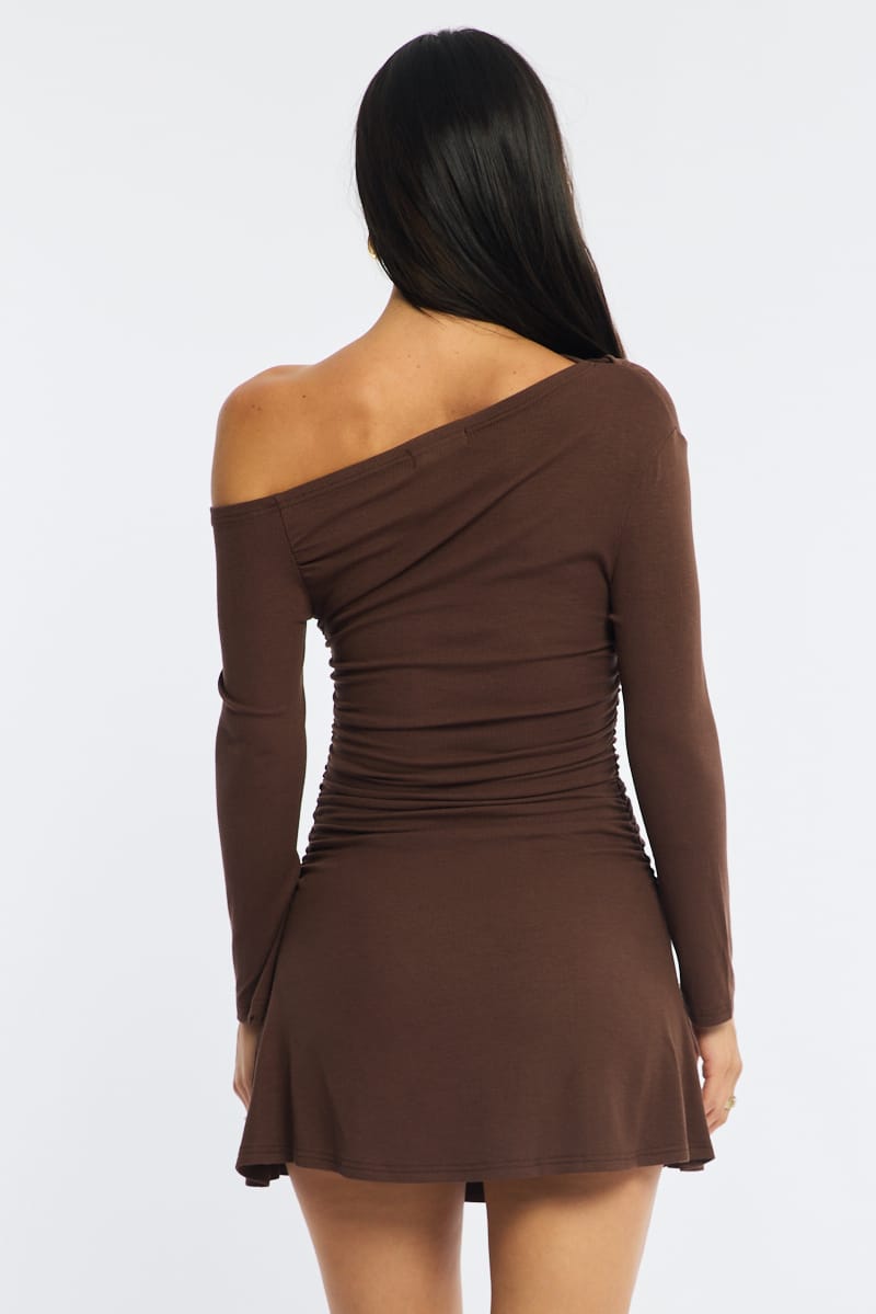 Brown Singular Off Shoulder Mini Dress for Ally Fashion