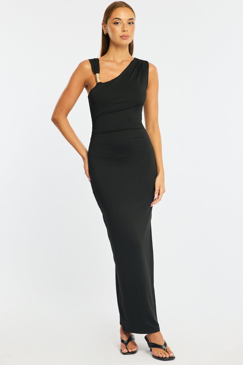 Black Maxi Dress One Shoulder Hard Wear Detail for Ally Fashion