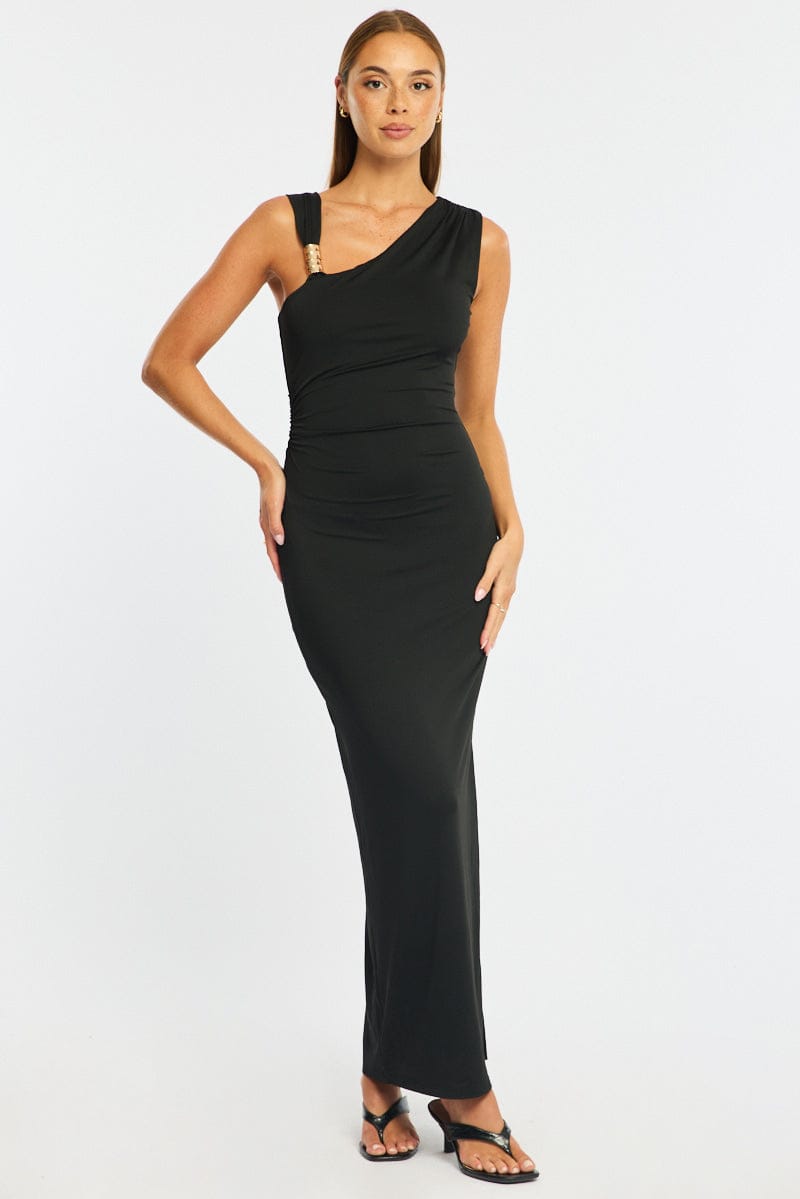 Black Maxi Dress One Shoulder Hard Wear Detail for Ally Fashion
