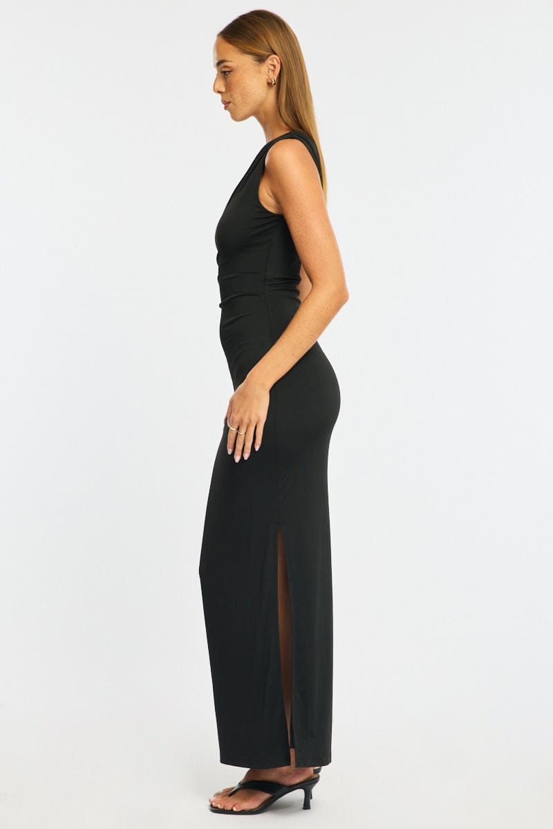 Black Maxi Dress One Shoulder Hard Wear Detail for Ally Fashion