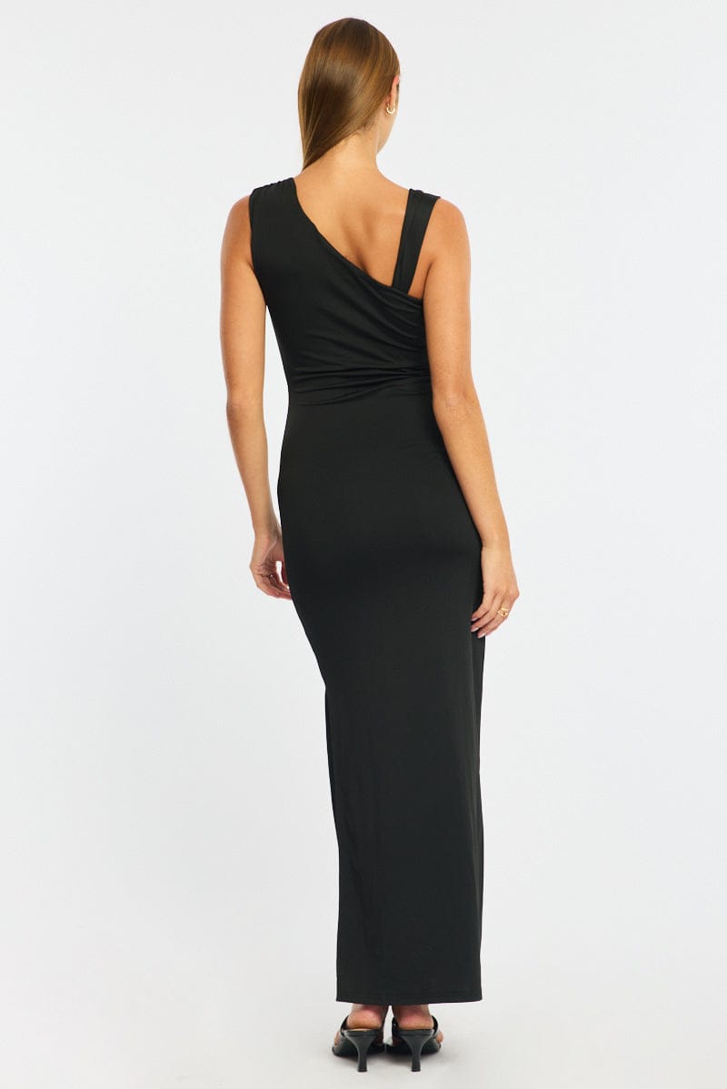 Black Maxi Dress One Shoulder Hard Wear Detail for Ally Fashion