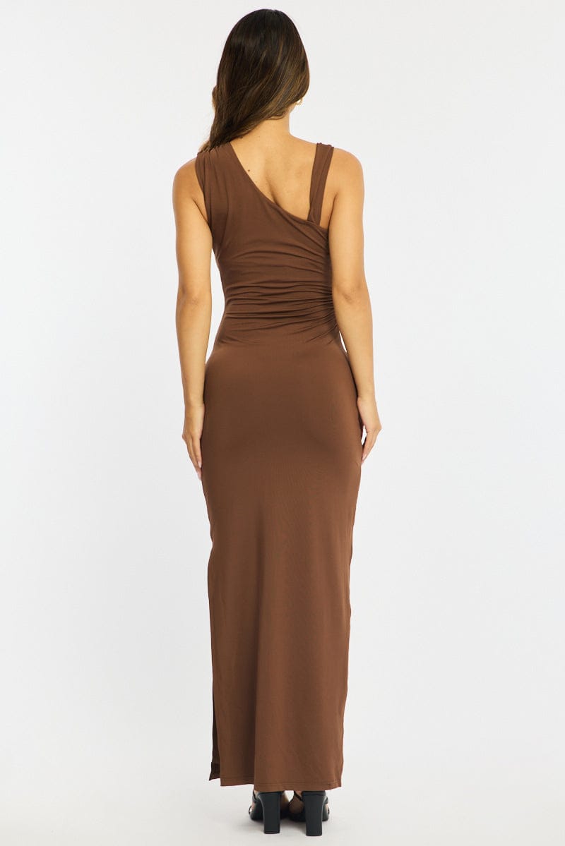 Brown Maxi Dress One Shoulder Hard Wear Detail for Ally Fashion