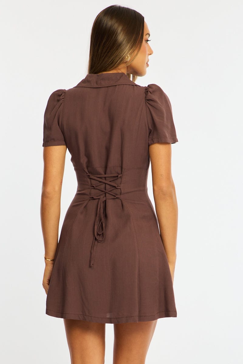 Brown Shirts Dress Mini for Ally Fashion