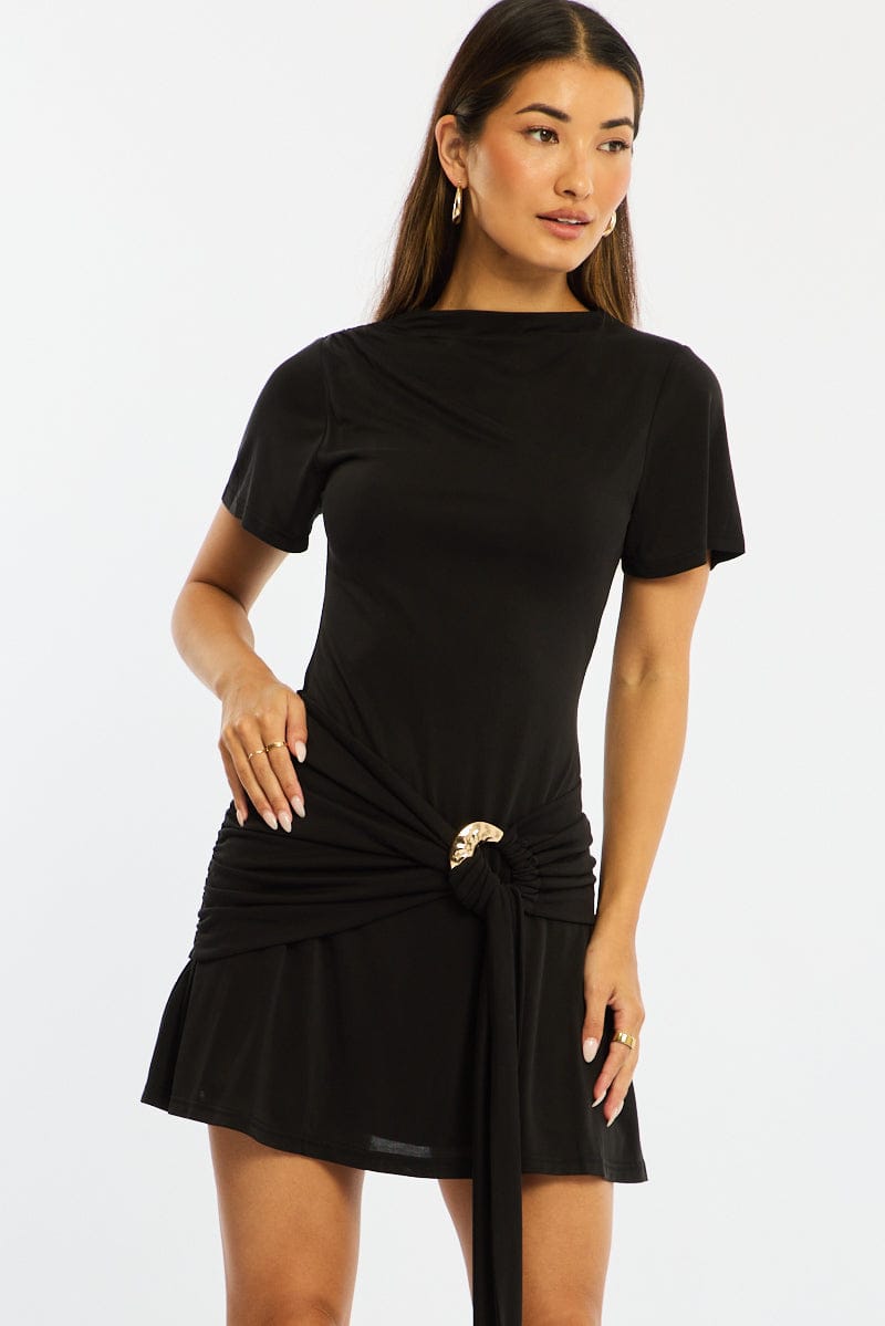Black Mini Dress Drape Detail for Ally Fashion