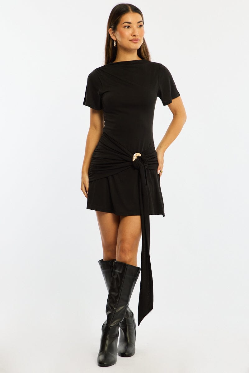 Black Mini Dress Drape Detail for Ally Fashion