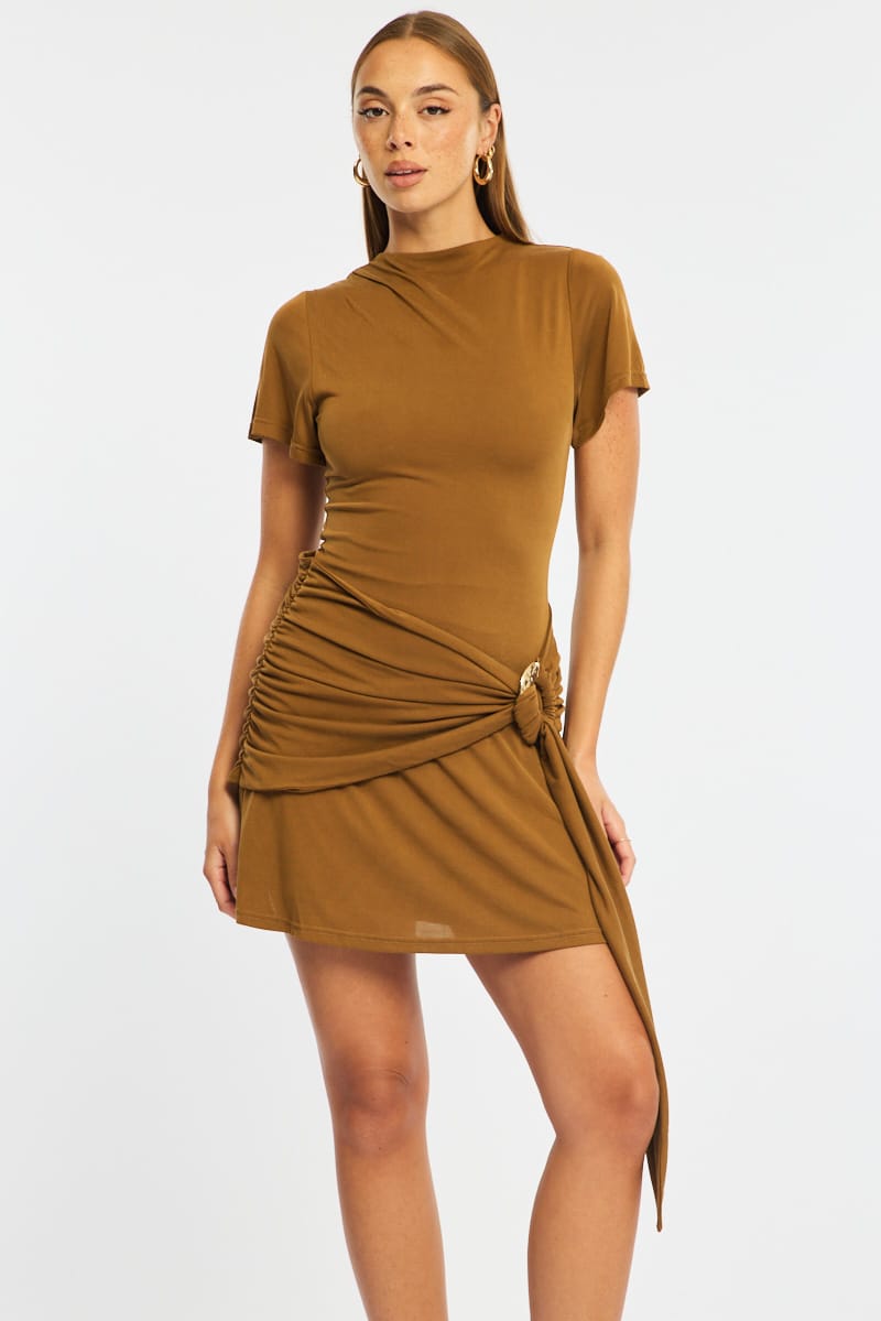 Beige Mini Dress Drape Detail for Ally Fashion