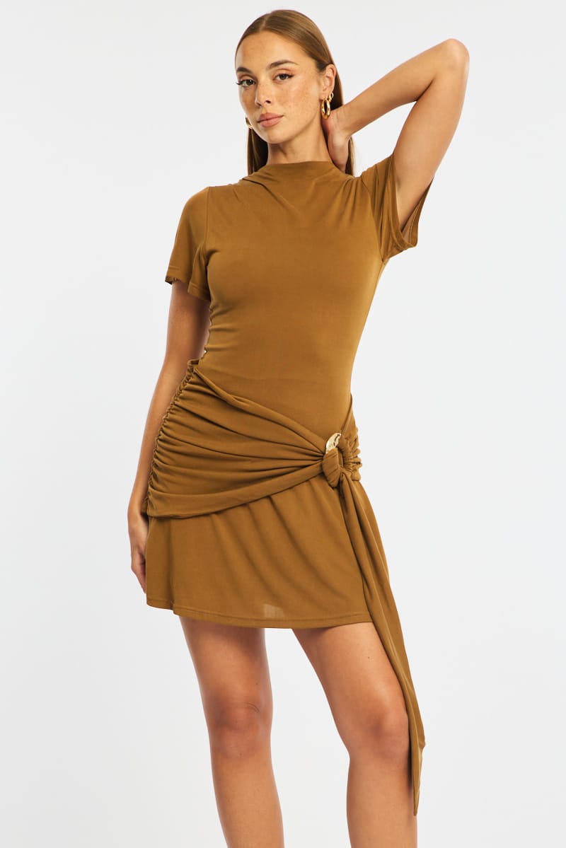 Beige Mini Dress Drape Detail for Ally Fashion