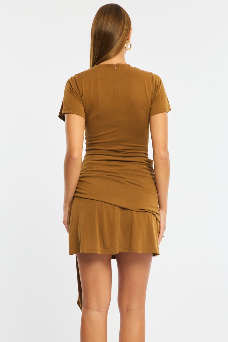 Beige Mini Dress Drape Detail for Ally Fashion