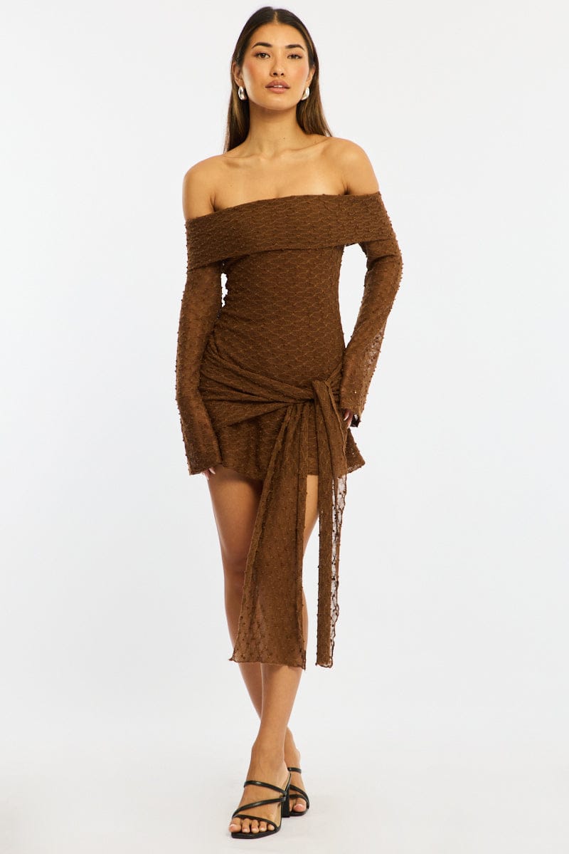Brown Off Shoulder Dress Long Sleeve for Ally Fashion