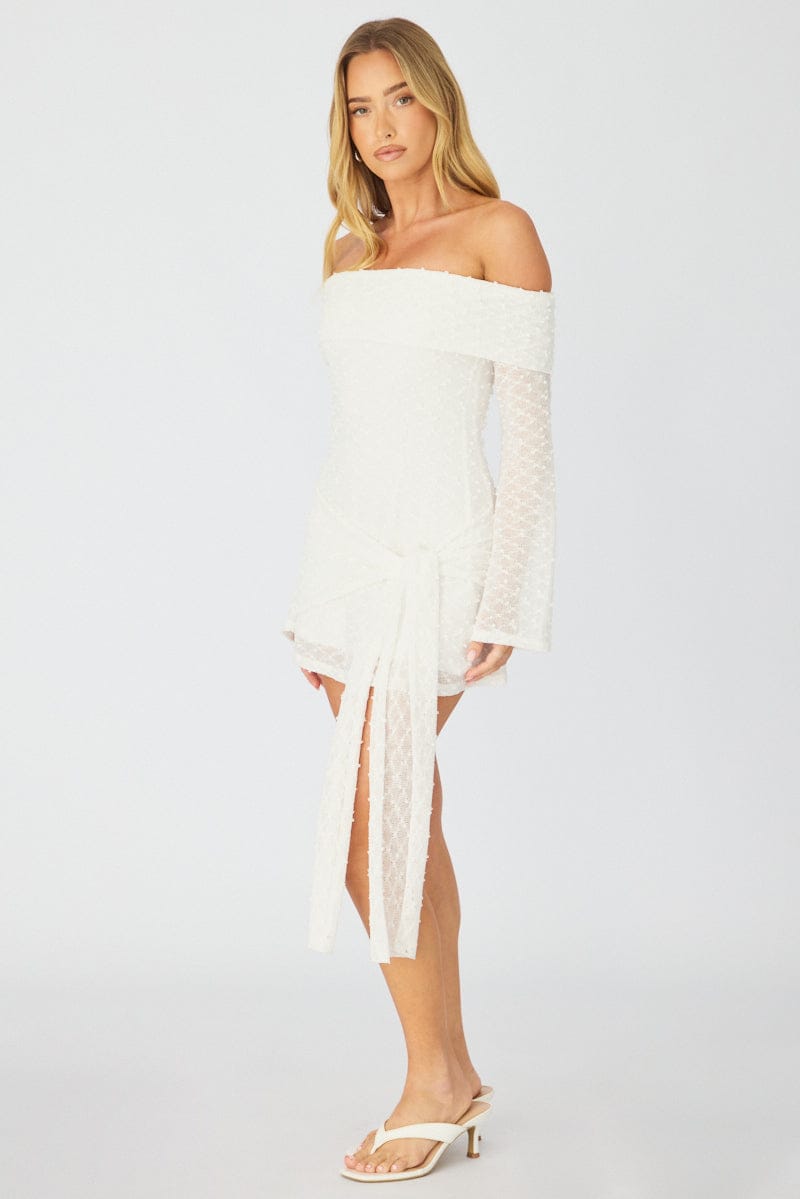 White Off Shoulder Dress Long Sleeve for Ally Fashion