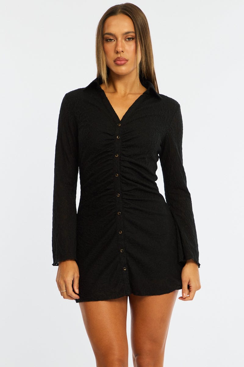 Black Shirts Dress Gathering Front for Ally Fashion
