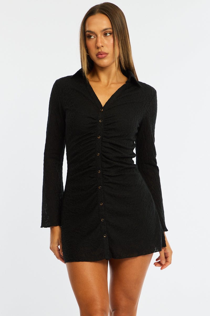 Black Shirts Dress Gathering Front for Ally Fashion