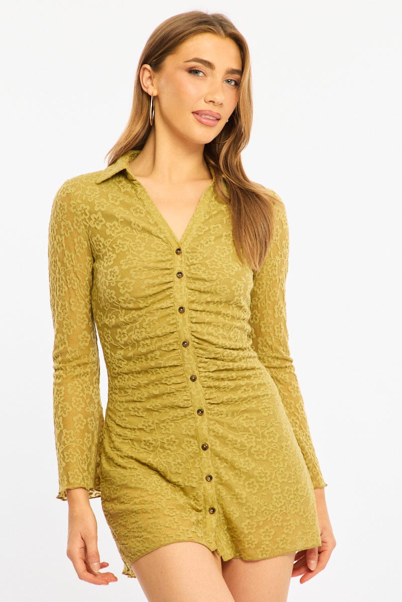 Green Shirts Dress Gathering Front for Ally Fashion