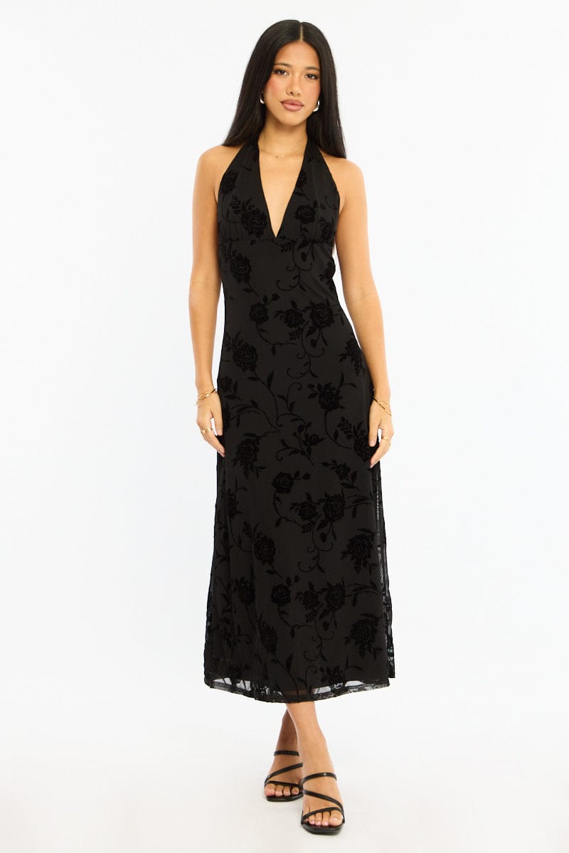 Black Halter-Neck Burnout Dress from Ally Fashion