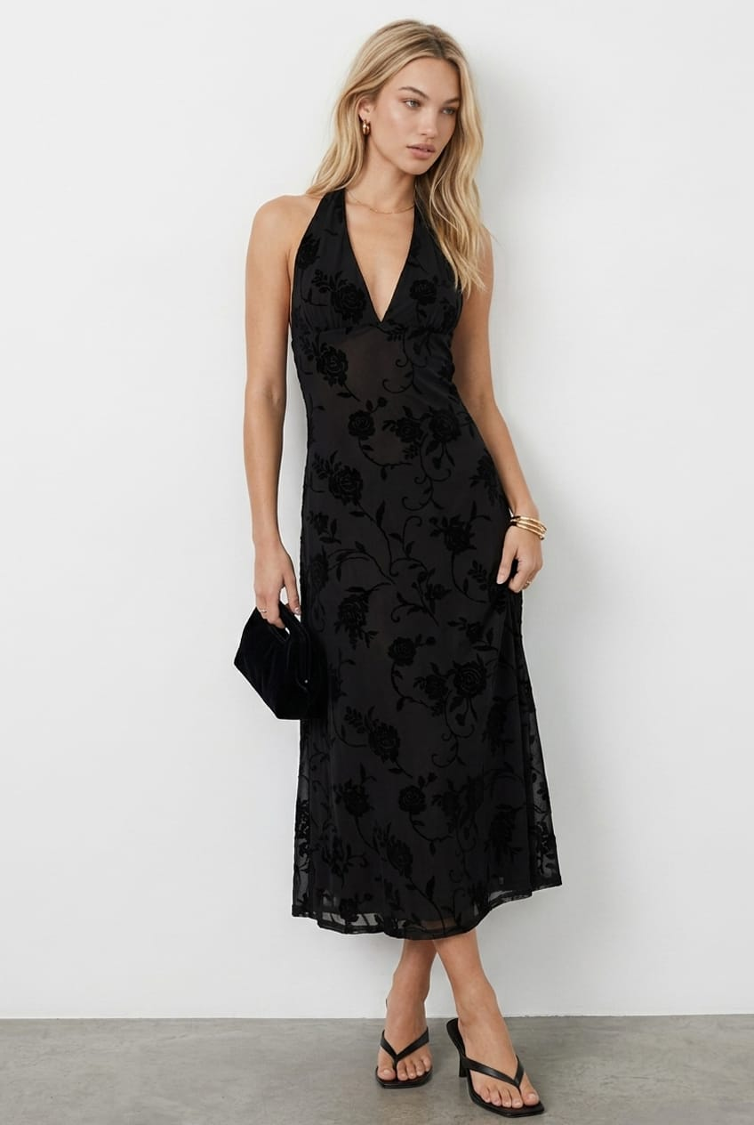 Black Halter Neck Dress Burnout for Ally Fashion