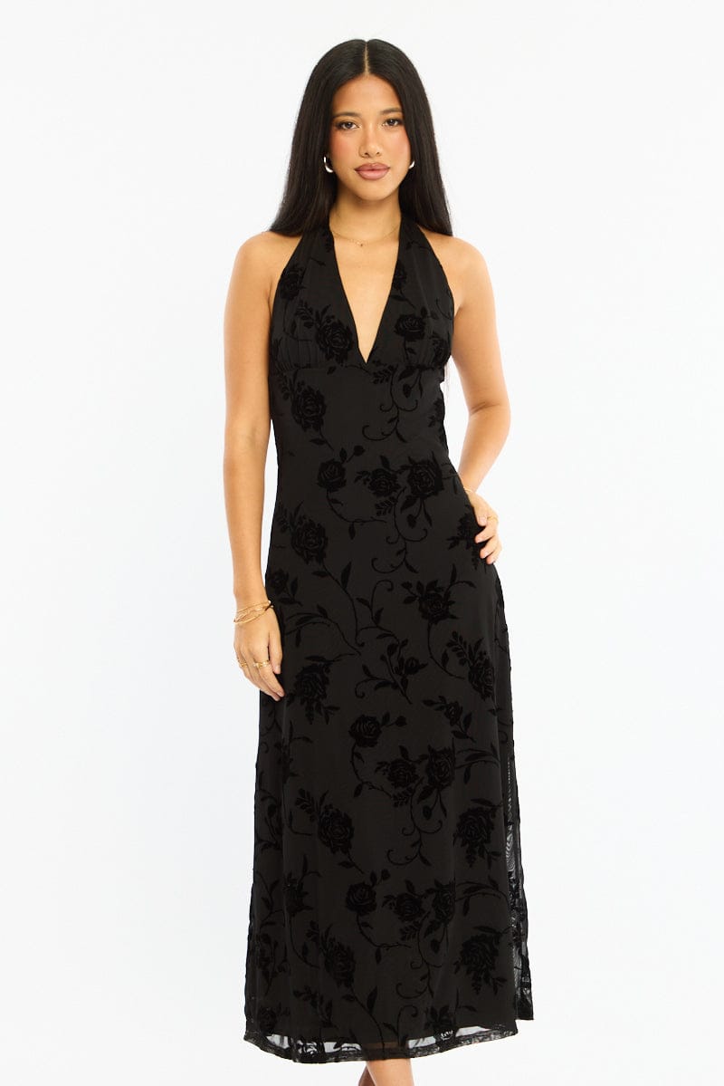 Black Halter Neck Dress Burnout for Ally Fashion