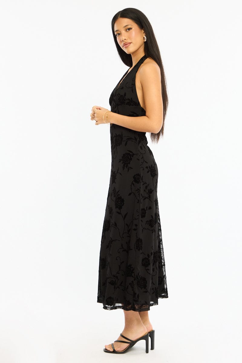 Black Halter Neck Dress Burnout for Ally Fashion