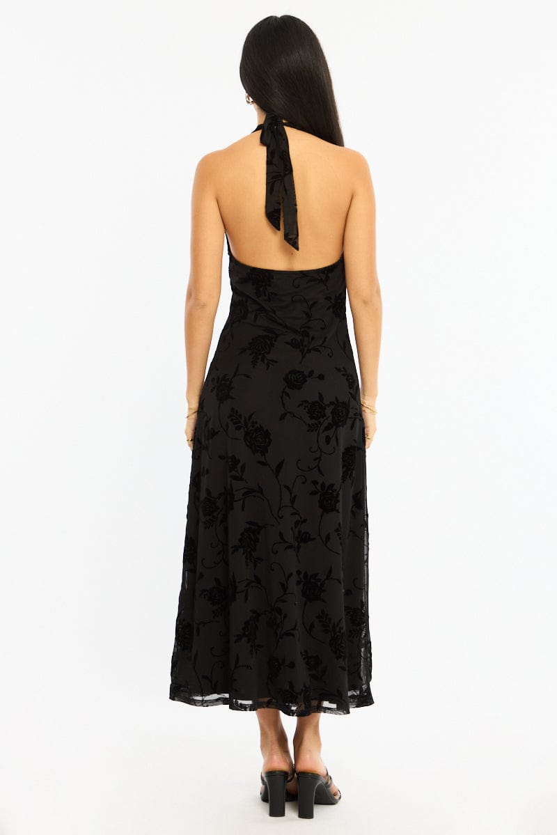Black Halter Neck Dress Burnout for Ally Fashion