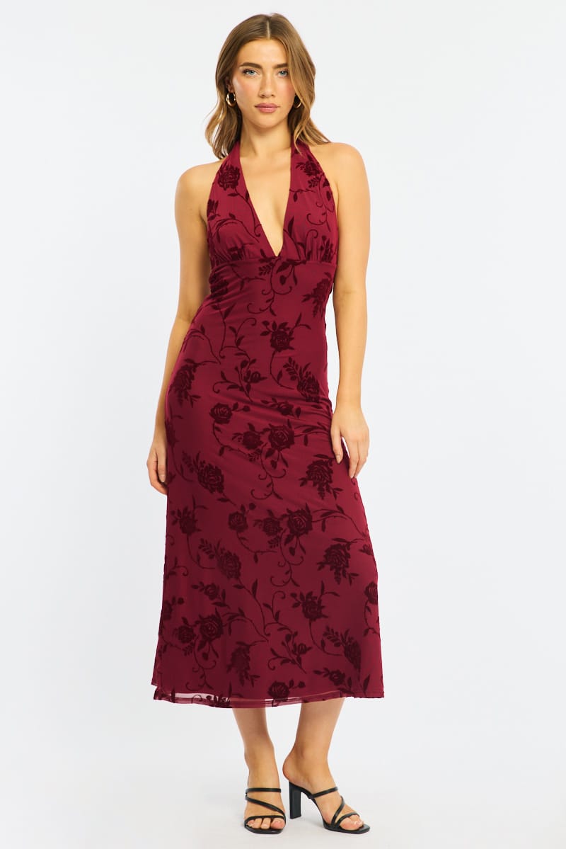 Red Halter Neck Dress Burnout for Ally Fashion