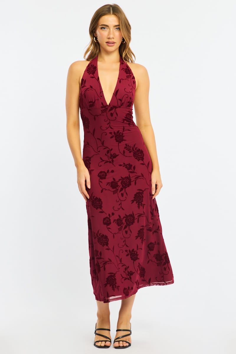 Red Halter Neck Dress Burnout for Ally Fashion