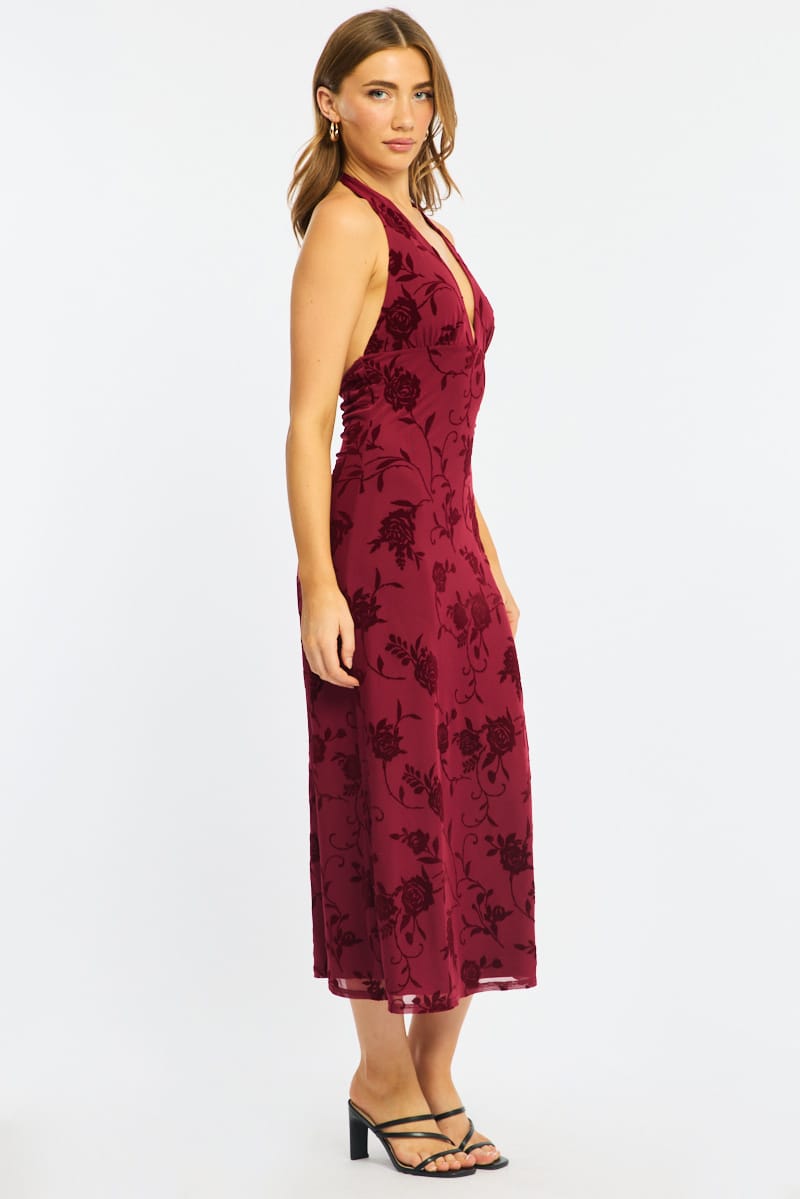 Red Halter Neck Dress Burnout for Ally Fashion