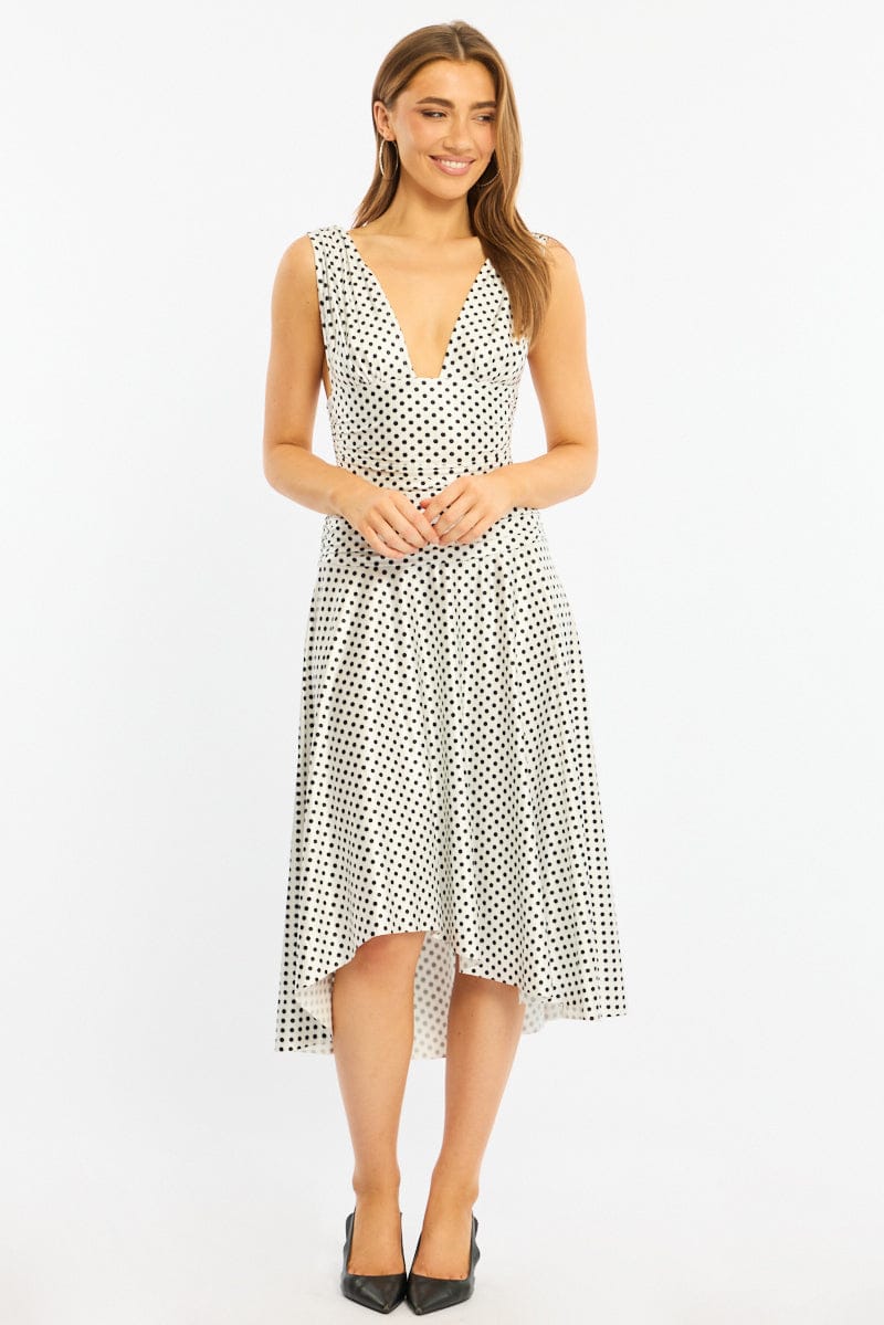 White Polka Dot Midi Dress Hanky Hem for Ally Fashion