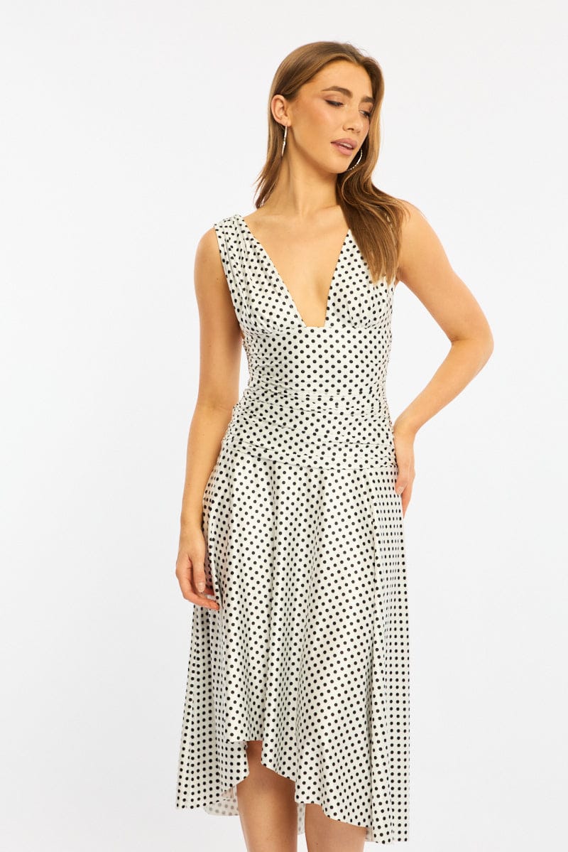 White Polka Dot Midi Dress Hanky Hem for Ally Fashion
