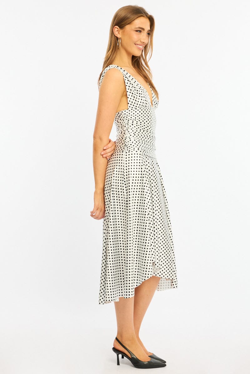 White Polka Dot Midi Dress Hanky Hem for Ally Fashion
