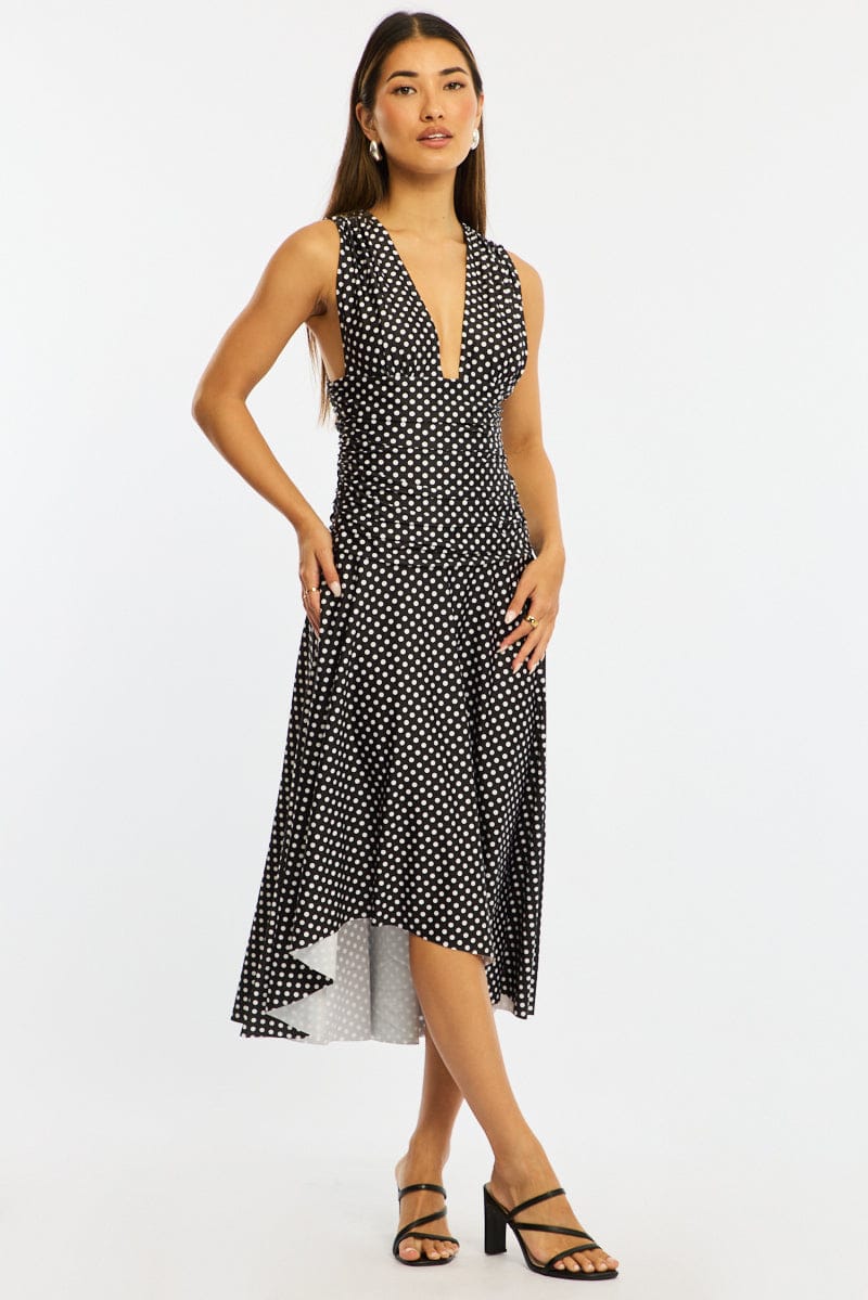 Black Polka Dot Midi Dress Hanky Hem for Ally Fashion