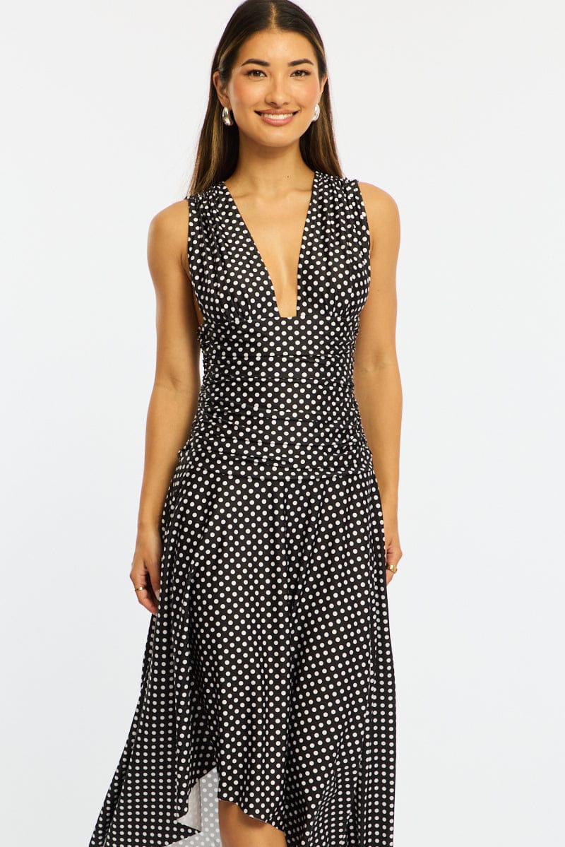 Black Polka Dot Midi Dress Hanky Hem for Ally Fashion