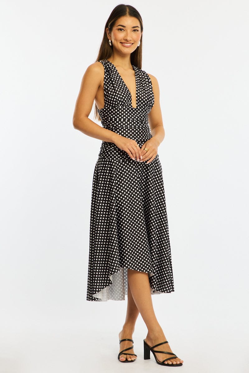 Black Polka Dot Midi Dress Hanky Hem for Ally Fashion