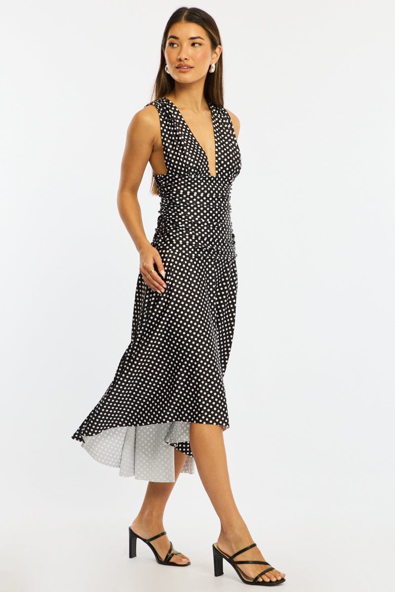Black Polka Dot Midi Dress Hanky Hem for Ally Fashion