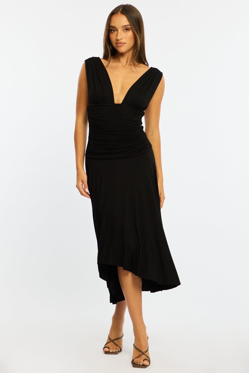 Black Midi Dress Hanky Hem for Ally Fashion