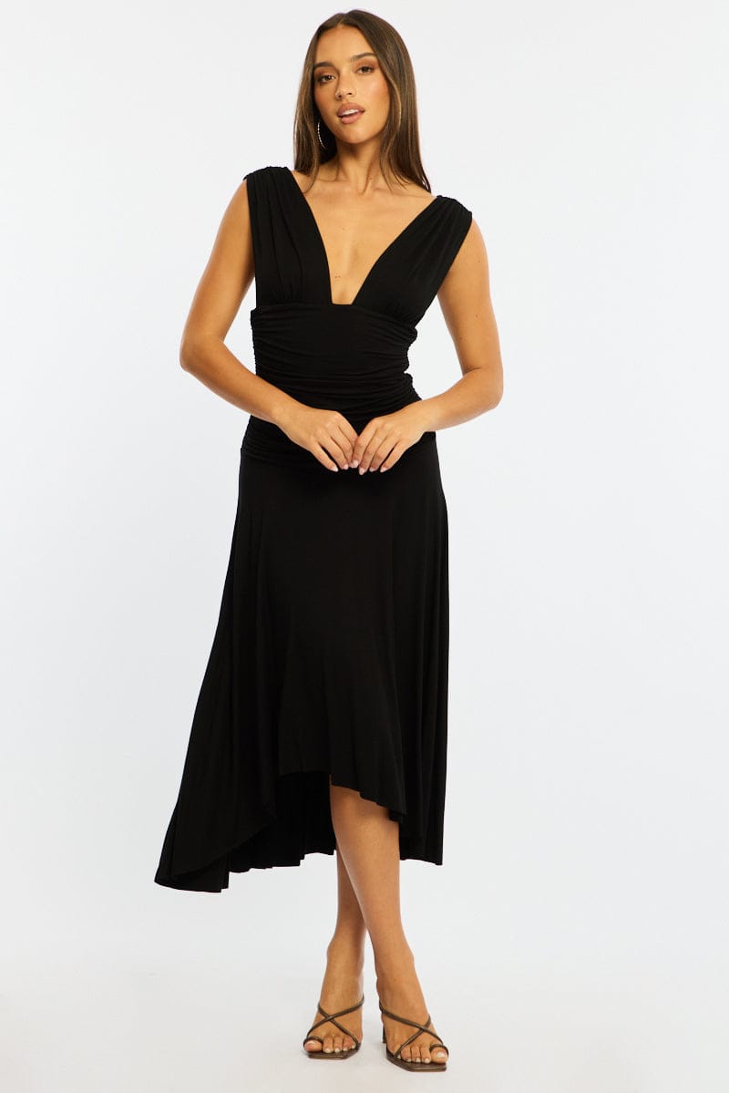 Black Midi Dress Hanky Hem for Ally Fashion