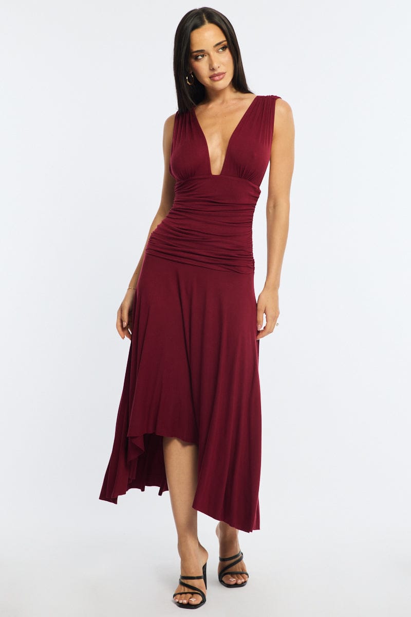 Red Midi Dress Hanky Hem for Ally Fashion