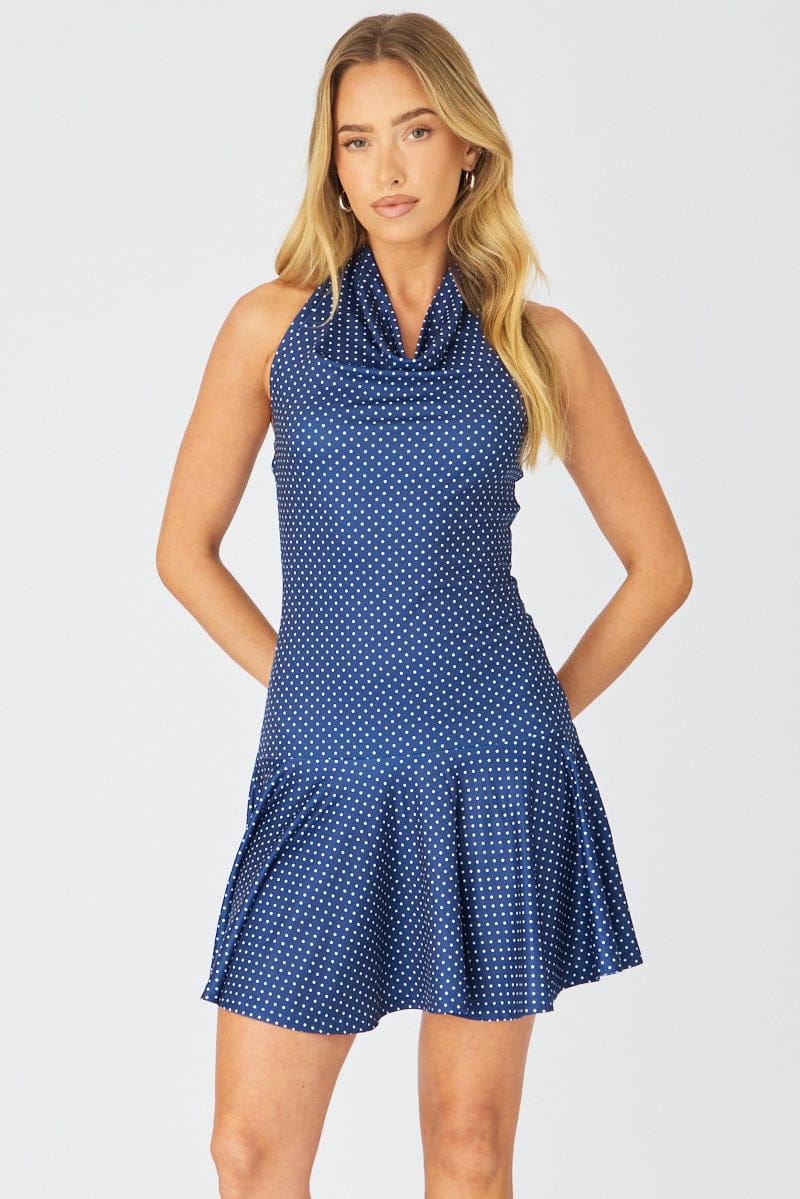 Blue Polka Dot Cowl Neck Mini Dress for Ally Fashion