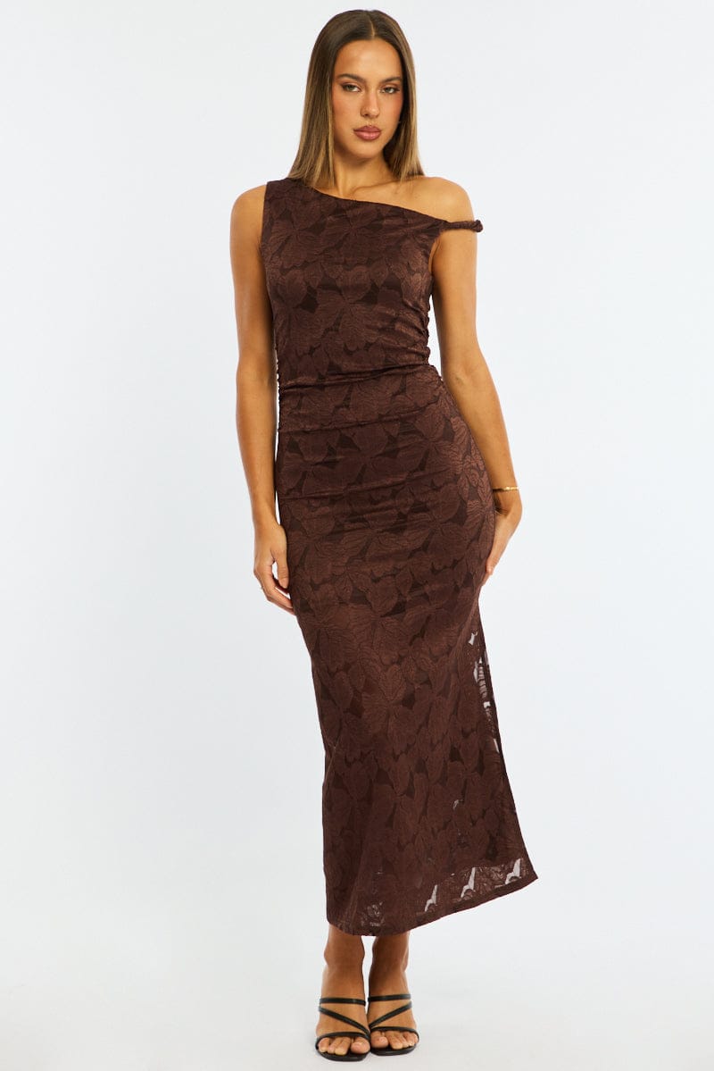 Brown Off Shoulder Midi Dress for Ally Fashion