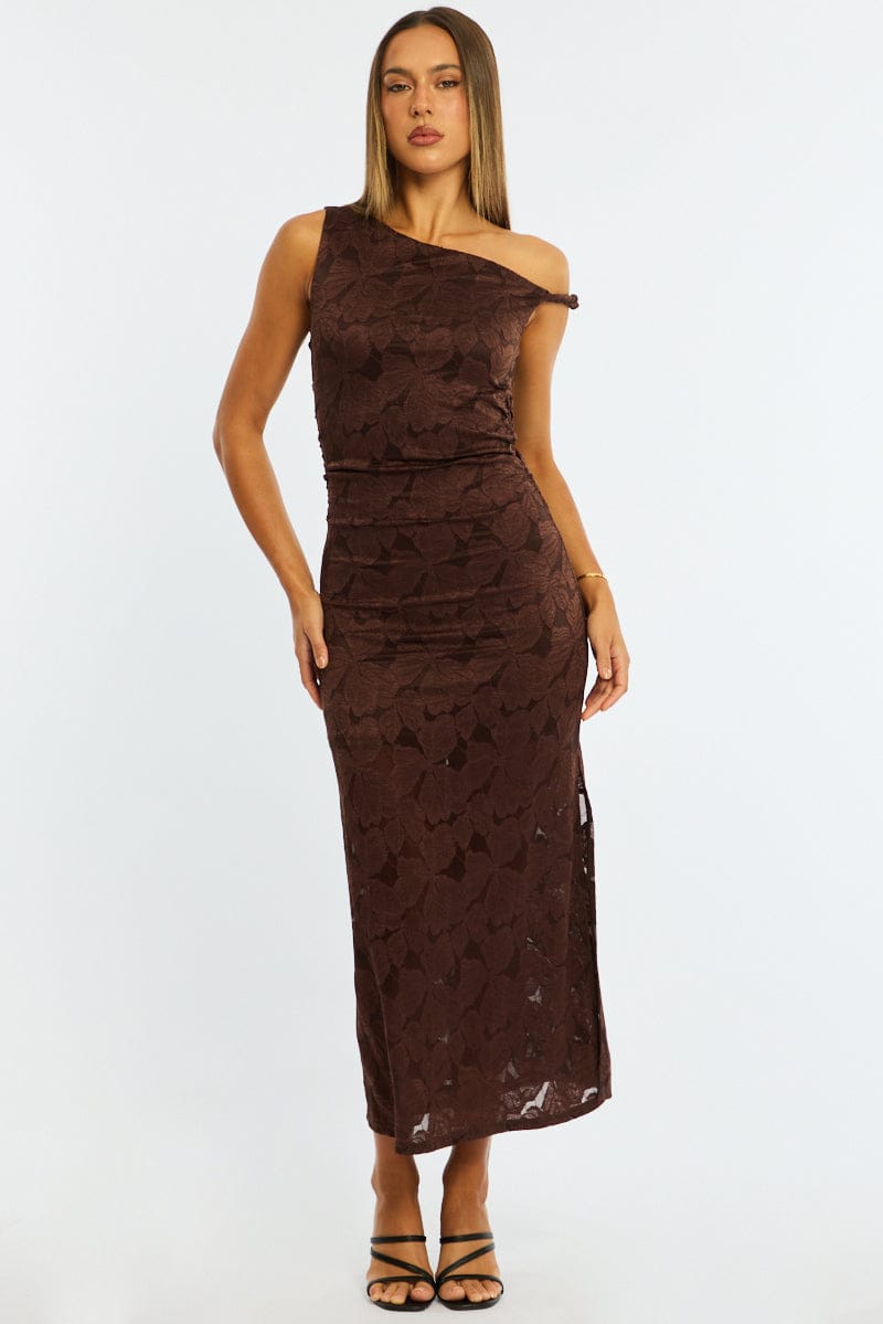 Brown Off Shoulder Midi Dress for Ally Fashion