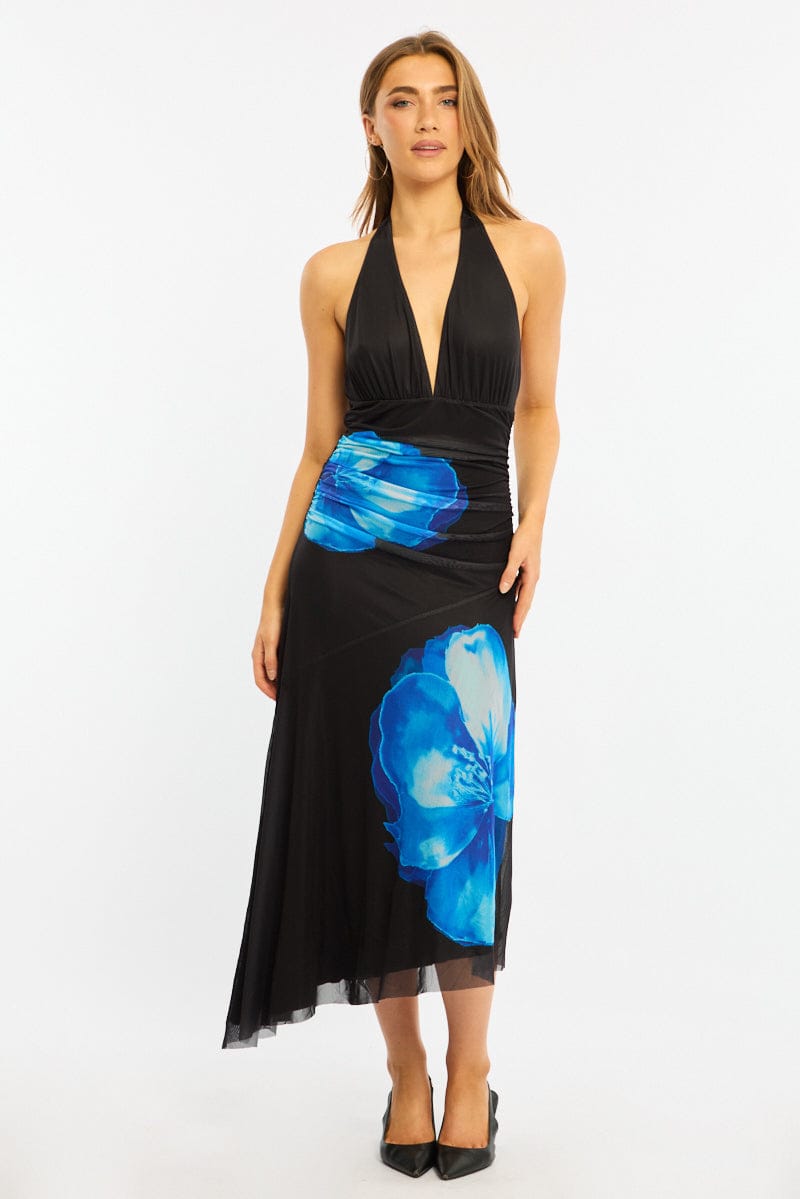 Blue Floral Halter Neck Midi Dress for Ally Fashion