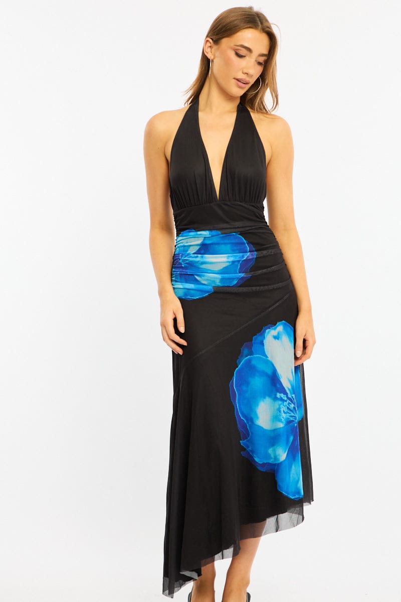 Blue Floral Halter Neck Midi Dress for Ally Fashion