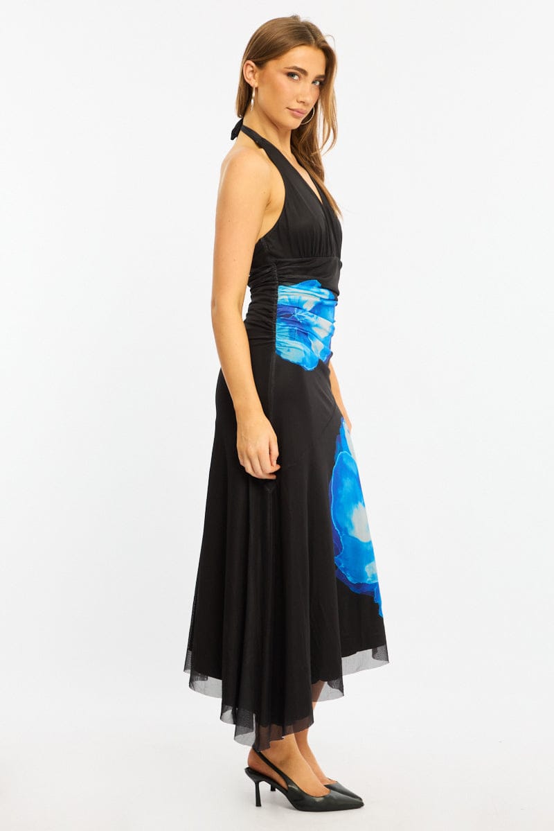 Blue Floral Halter Neck Midi Dress for Ally Fashion