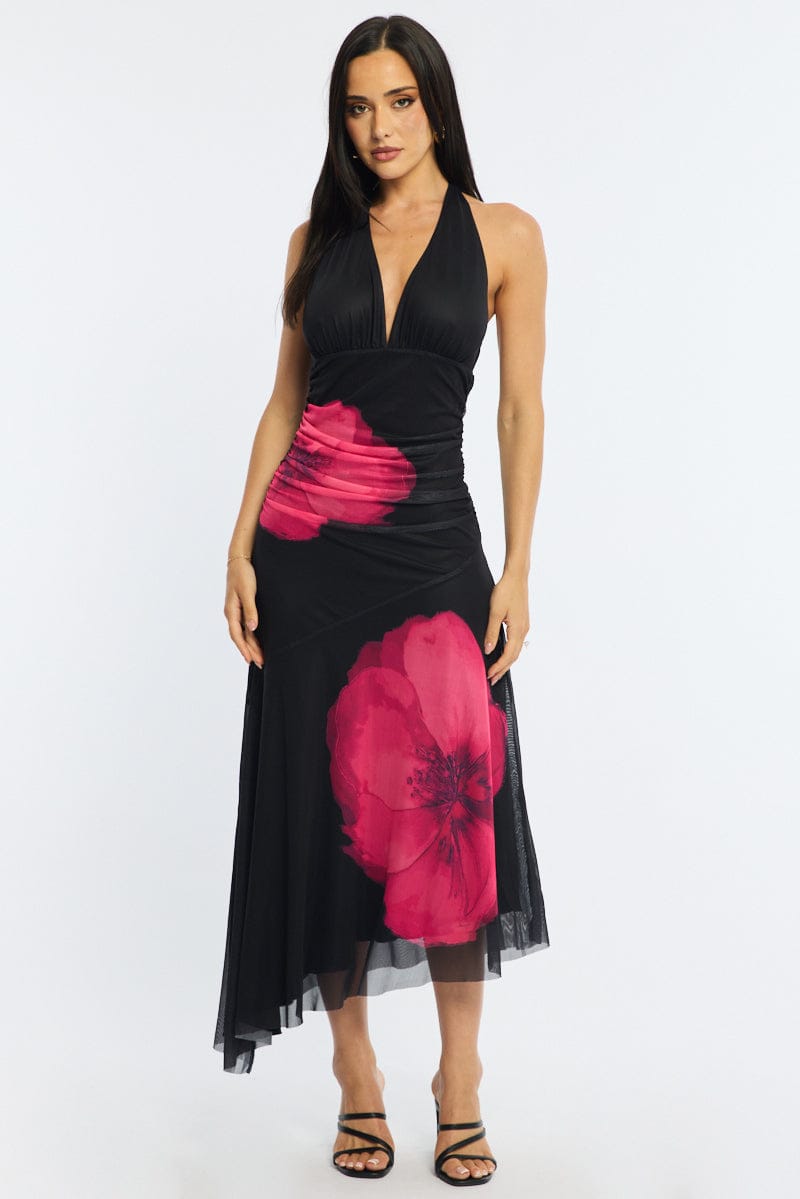Red Floral Halter Neck Midi Dress for Ally Fashion