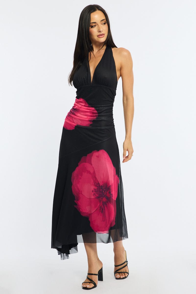 Red Floral Halter Neck Midi Dress | Ally Fashion